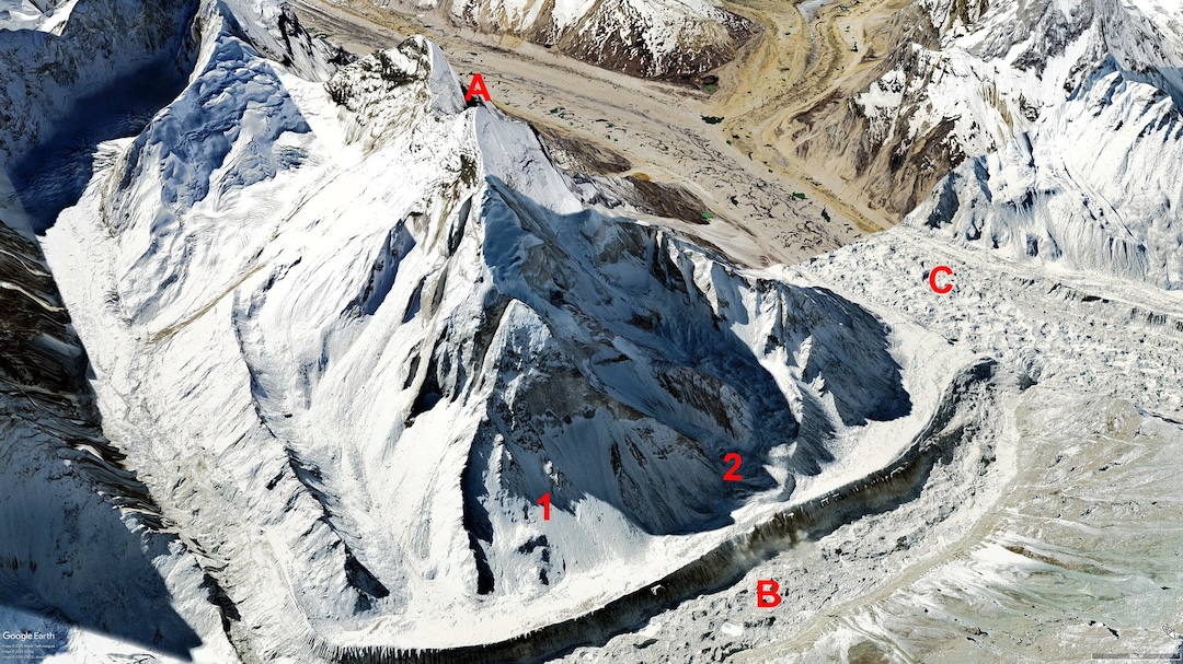(A) Bhagirathi II (6,512m) from the northeast, rising above the (B) Chaturangi Valley and (C) Gangotri Glacier. (1) Start of the 2022 route up the complete northeast ridge. (2) Initial attempt in 2022 on the right side of the triangular north-northeast face. The normal route on Bhagirathi II ascends the east face, via the slopes on the left. 