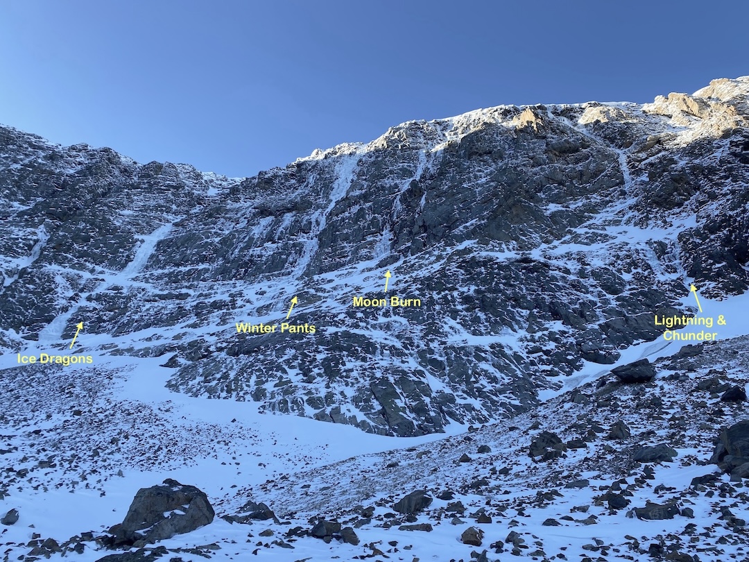 Giant’s Belly wall on Mt. Inabnit, showing the known routes. 