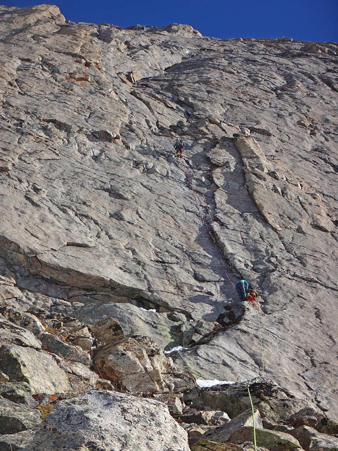 Nadezhda Muzhikina (above) and Oksana Kochubey ascending ropes on pitch five on the initial buttress of Karma, Iris Peak.
