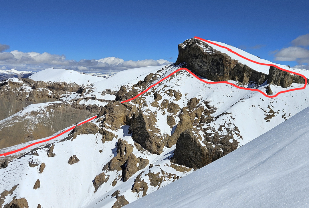 Monto III (ca 6,250m GPS) and the 2025 route of first ascent via the west face and south ridge. A large cairn on top indicated an unknown prior ascent. 