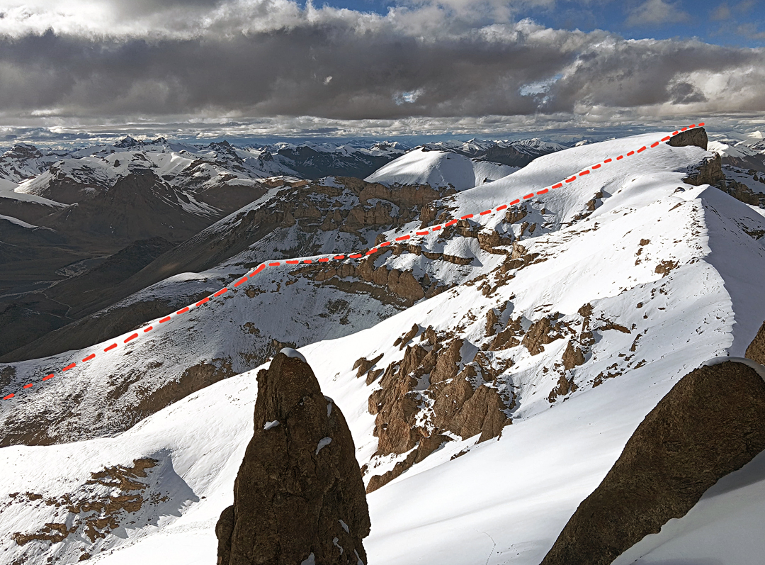 Monto IV and route of first ascent via the southwest spur.  