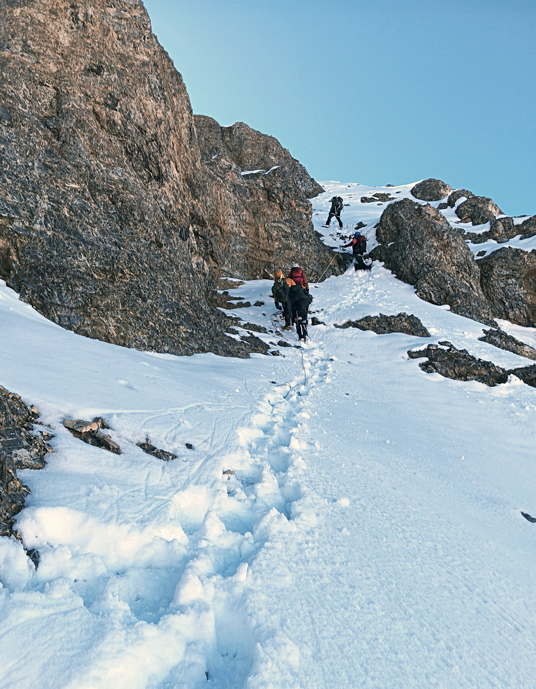 Near the top of the northwest face of Monto II, a little before reaching the crest of the southwest ridge.