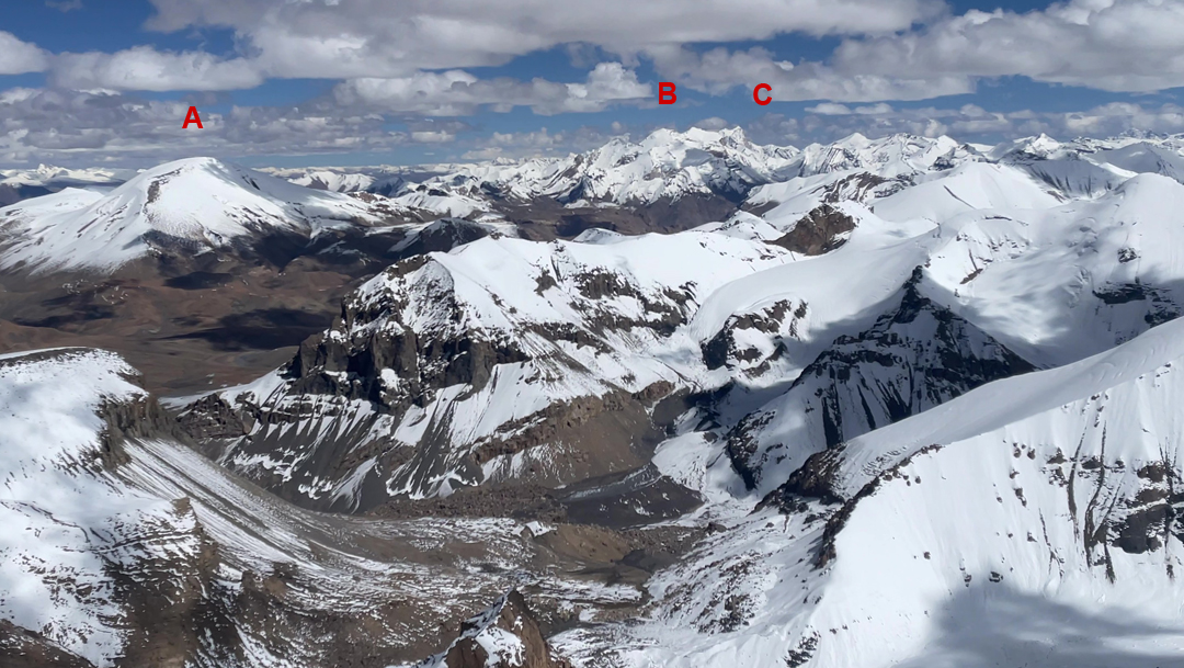 A view approximately east from the summit of Monto II toward the high peaks of Spiti: (A) Peak 6,250m (no documented ascent); (B) Undung Kangri (6,642m, first climbed in 1999 by a Japanese expedition); and, a little behind it, (C) Gya (6,795m, first climbed in 1998).