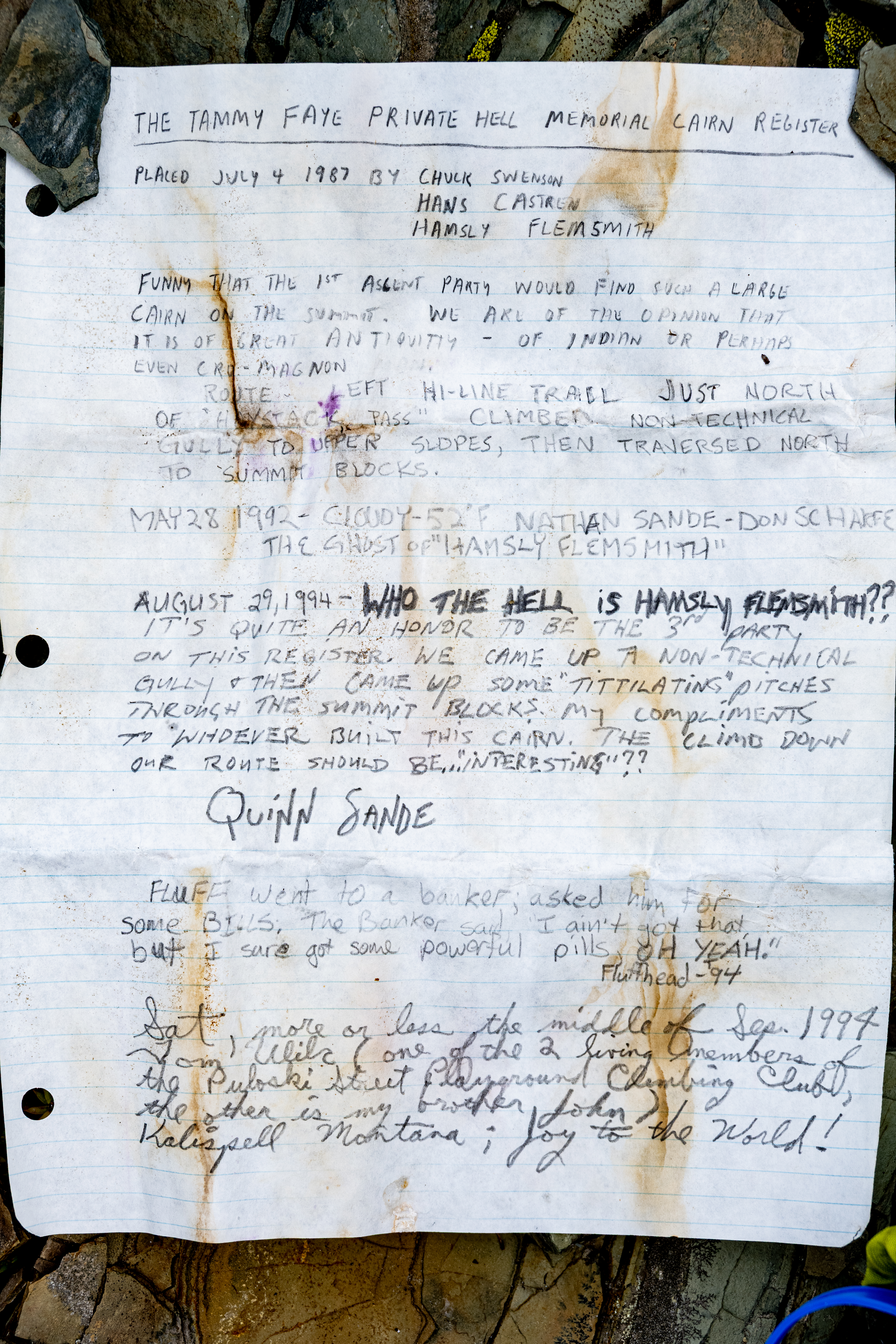 Summit register from the formation informally named the Salamander, with the last entries dating from 1994. 