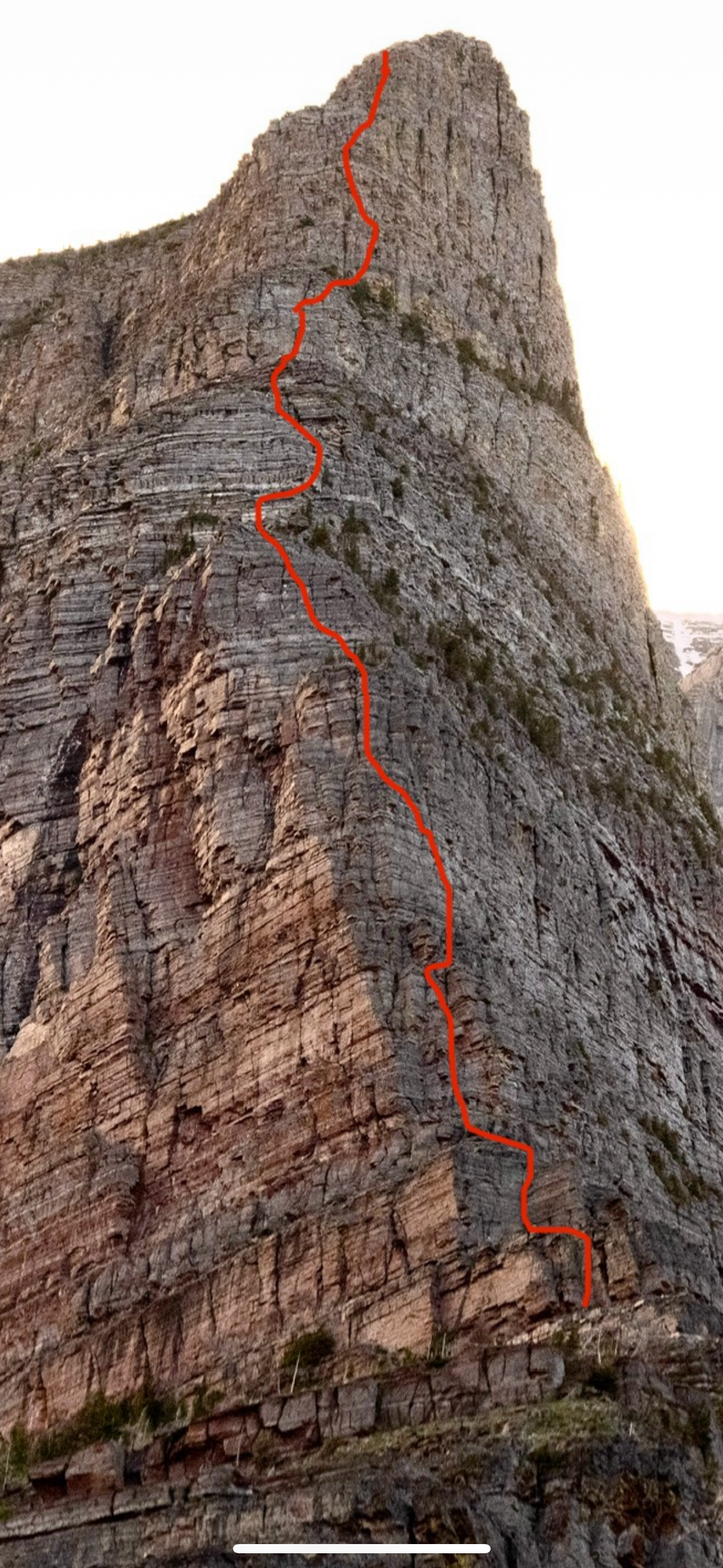 The 2025 route up the eastern prow of Baring Point, a subpeak of Going-to-the-Sun Mountain.  
