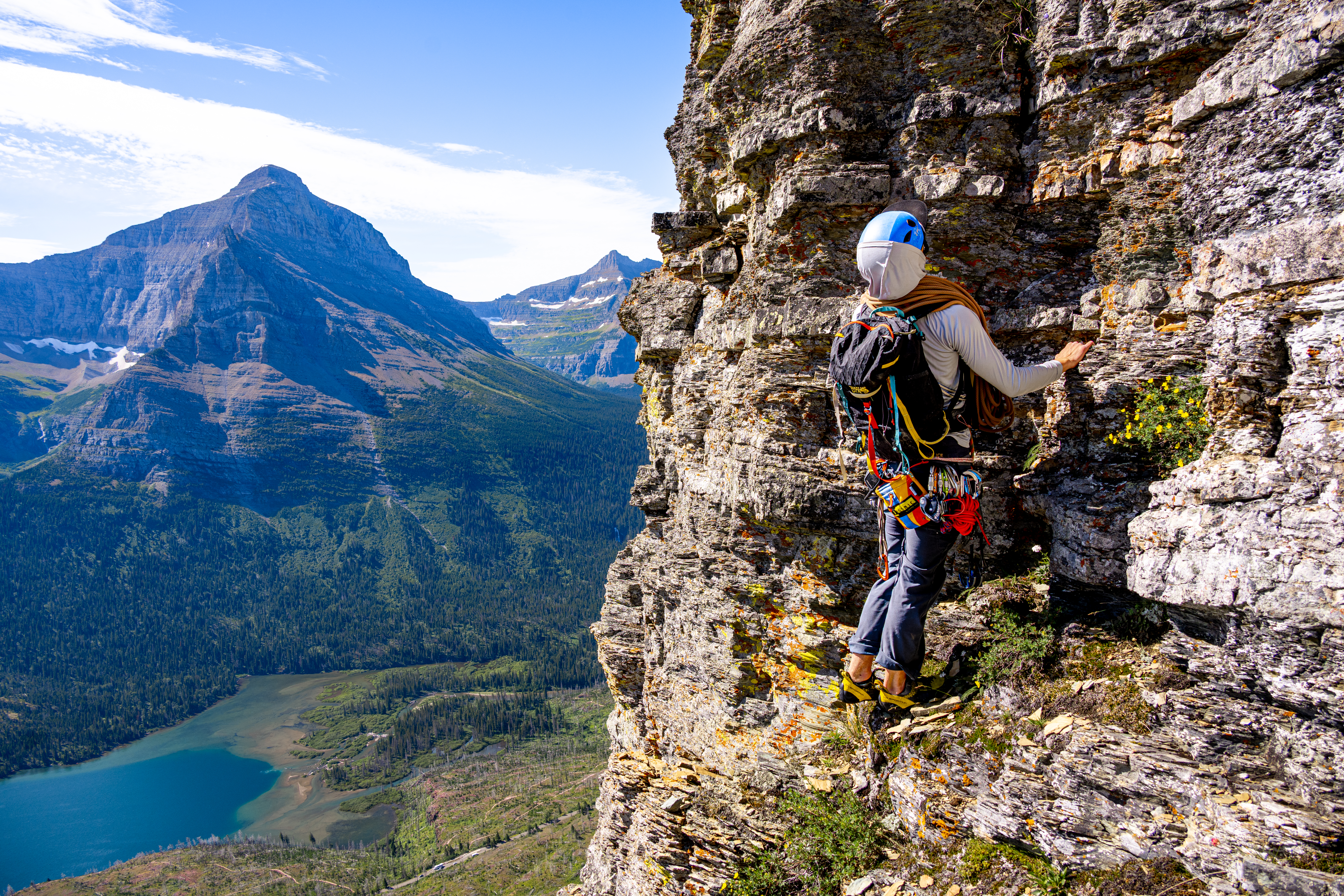Nick Sramek pondering a steep section of the eastern prow of Baring Point.