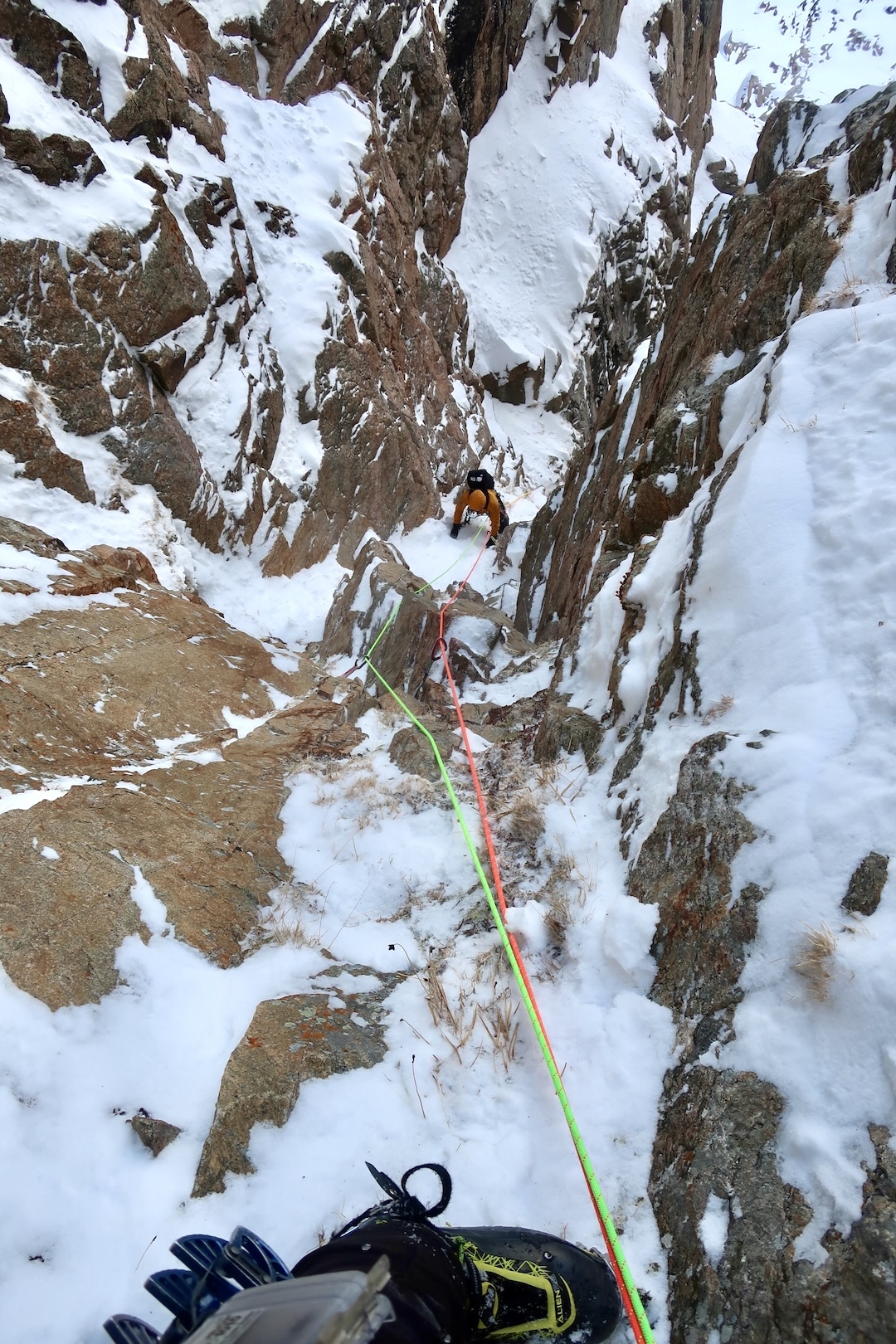 Tricky mixed ground and frozen turf on the northeast face of Wolf Mountain. 
