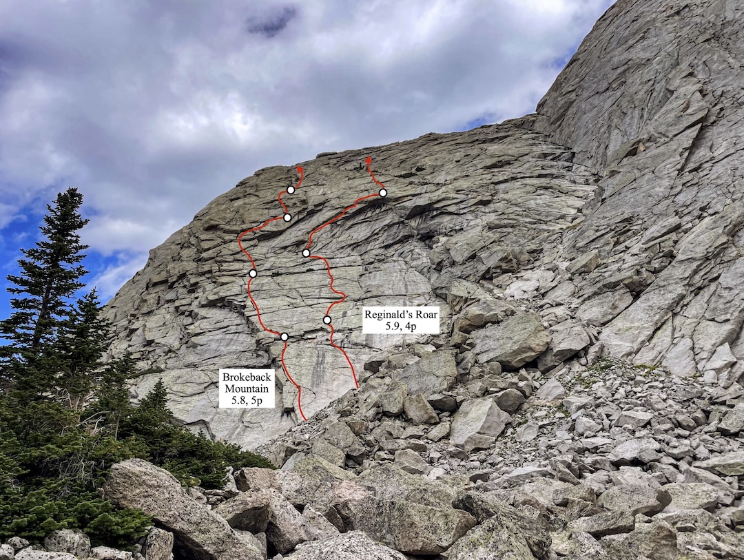The lines of Brokeback Mountain and Reginald’s Roar on the west face of Sumac Point. 