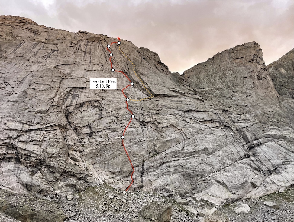 The line of Two Left Feet on Sumac Point. The 1,100-foot route shares the first few pitches with Chicken Talk, established in 2020 (yellow dashed line), then continues independently for five pitches, then finishes with the last pitch of Chicken Talk. 