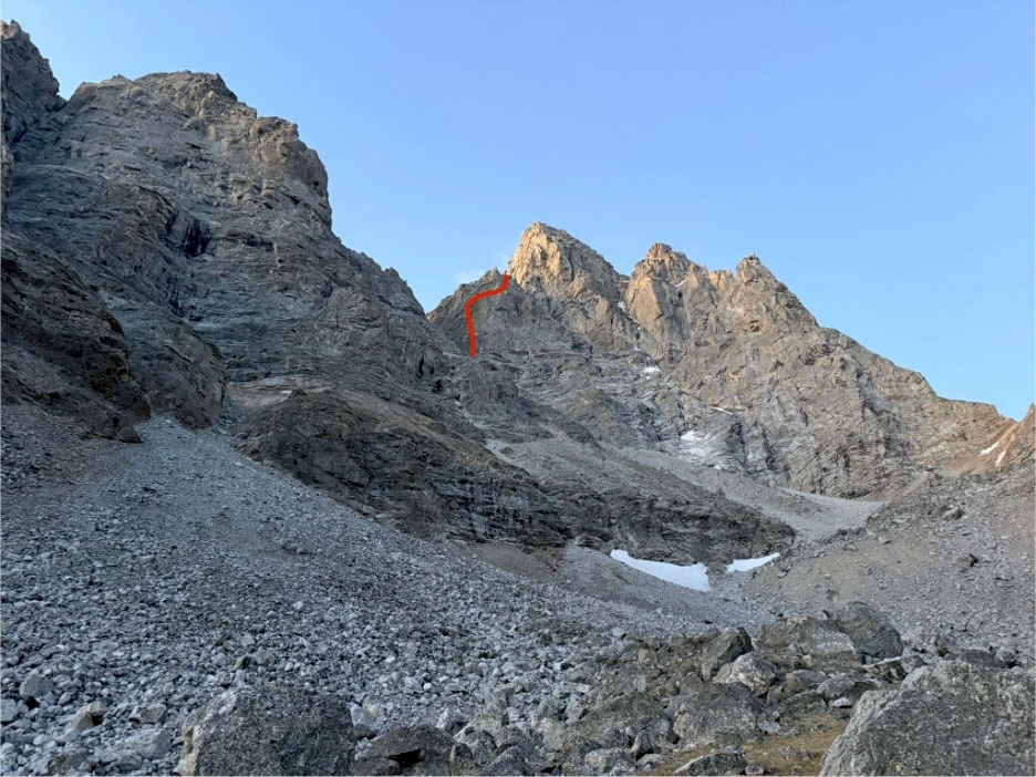 The Rainbow Bridge on the Grandstand, with the Grand Teton above and the flanks of Mt. Owen to the left. 