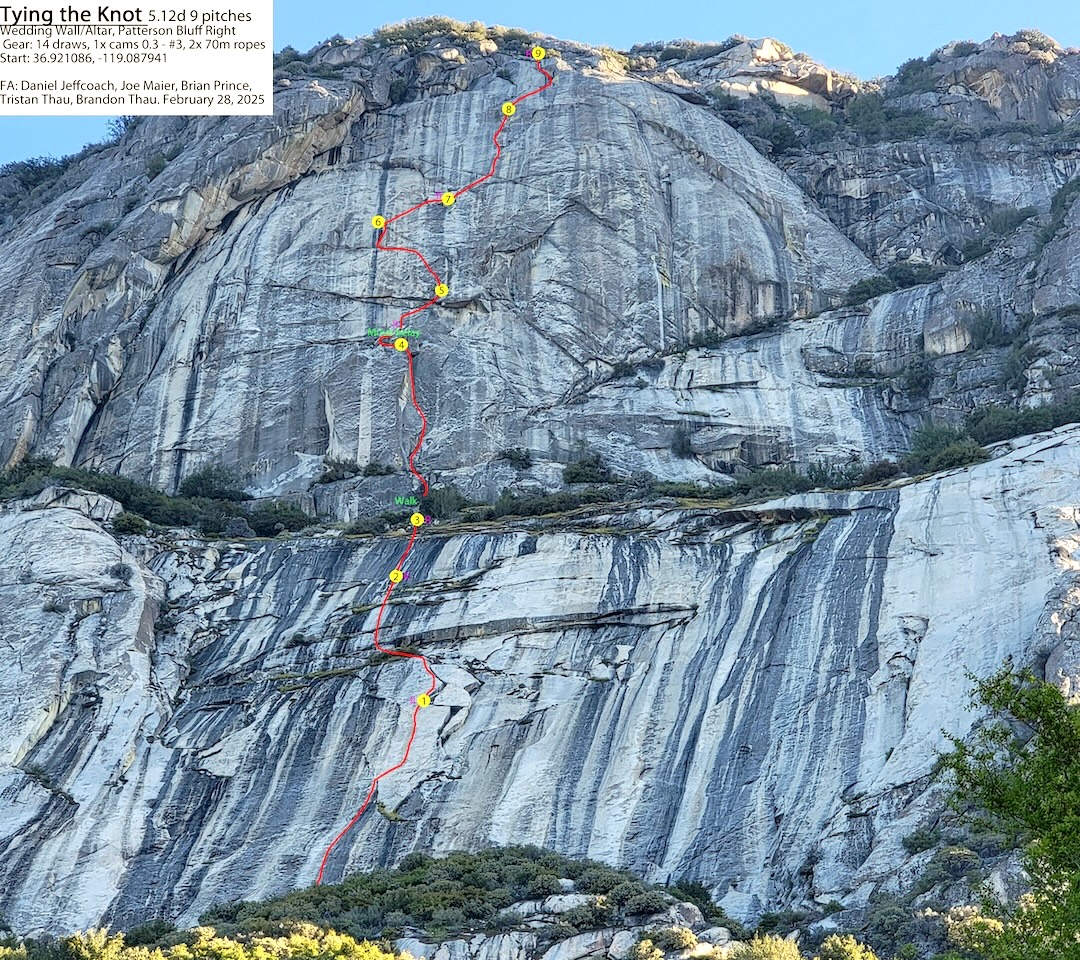 Tying the Knot (9 pitches, 5.12d) on the Wedding Wall (lower face) and the Altar (upper dome), part of Patterson Bluffs, Sierra National Forest, Sierra Nevada, California.  