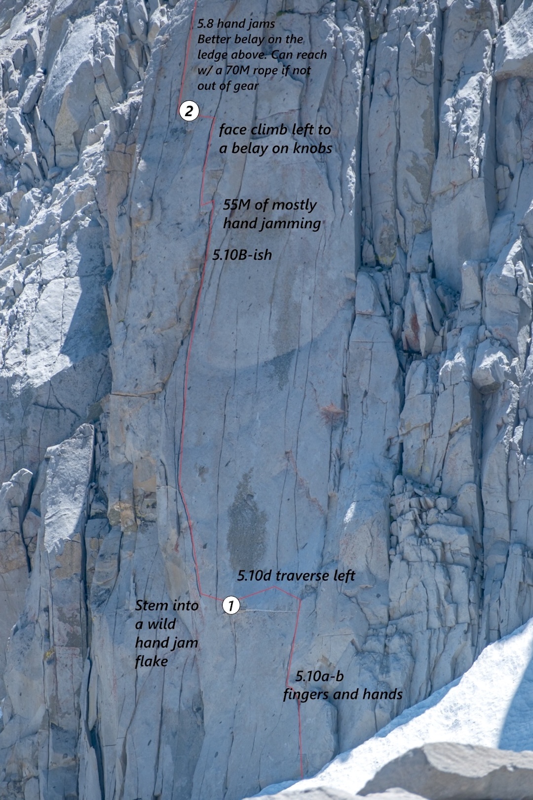 Detail of the lower pitches of Giselle’s Big Advencha (1,200’, 5.10+) on the north pillar of Mt. Crocker. 