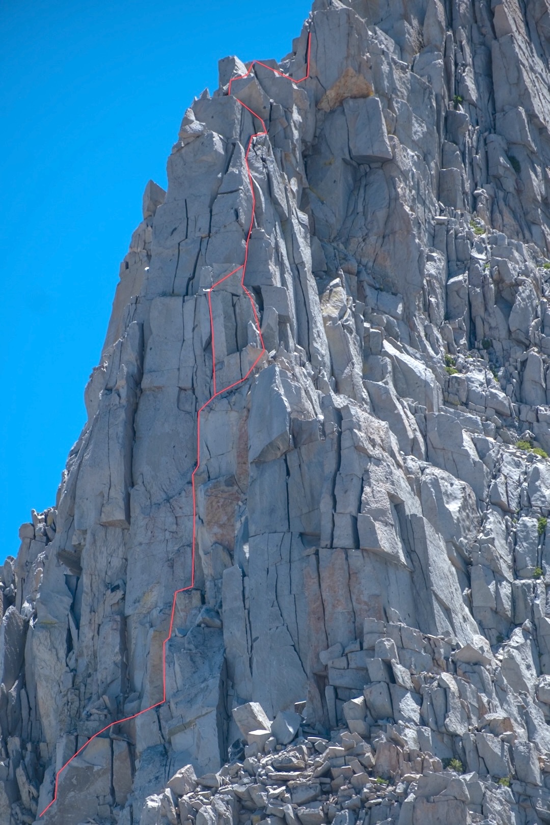 Close-up of the upper section of Giselle’s Big Advencha (1,200’, 5.10+) on the north pillar of Mt. Crocker. 
