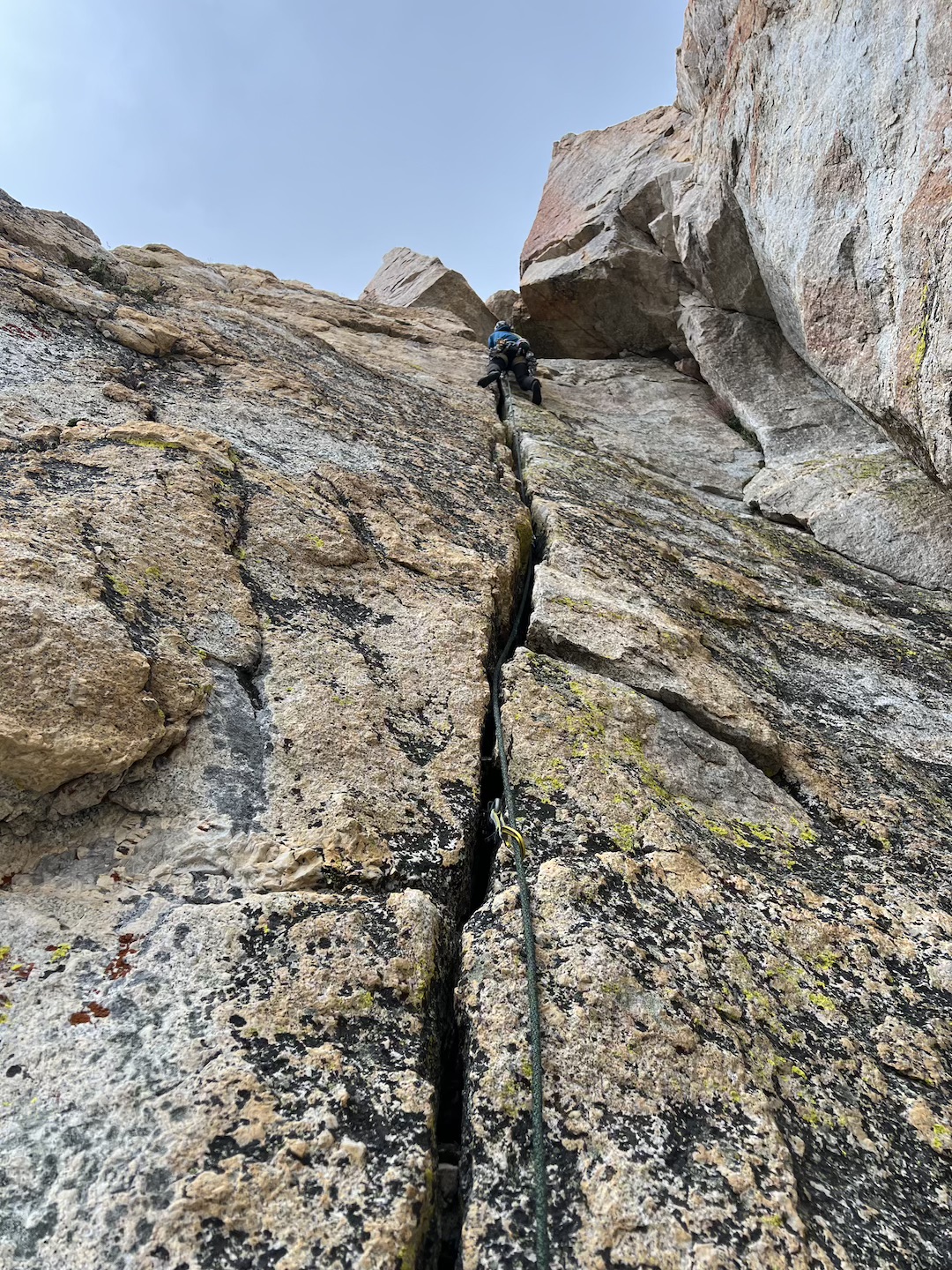 Henry Feder on the ninth pitch of Endemic Species (1,200’, 5.11+), Flatiron Butte.  