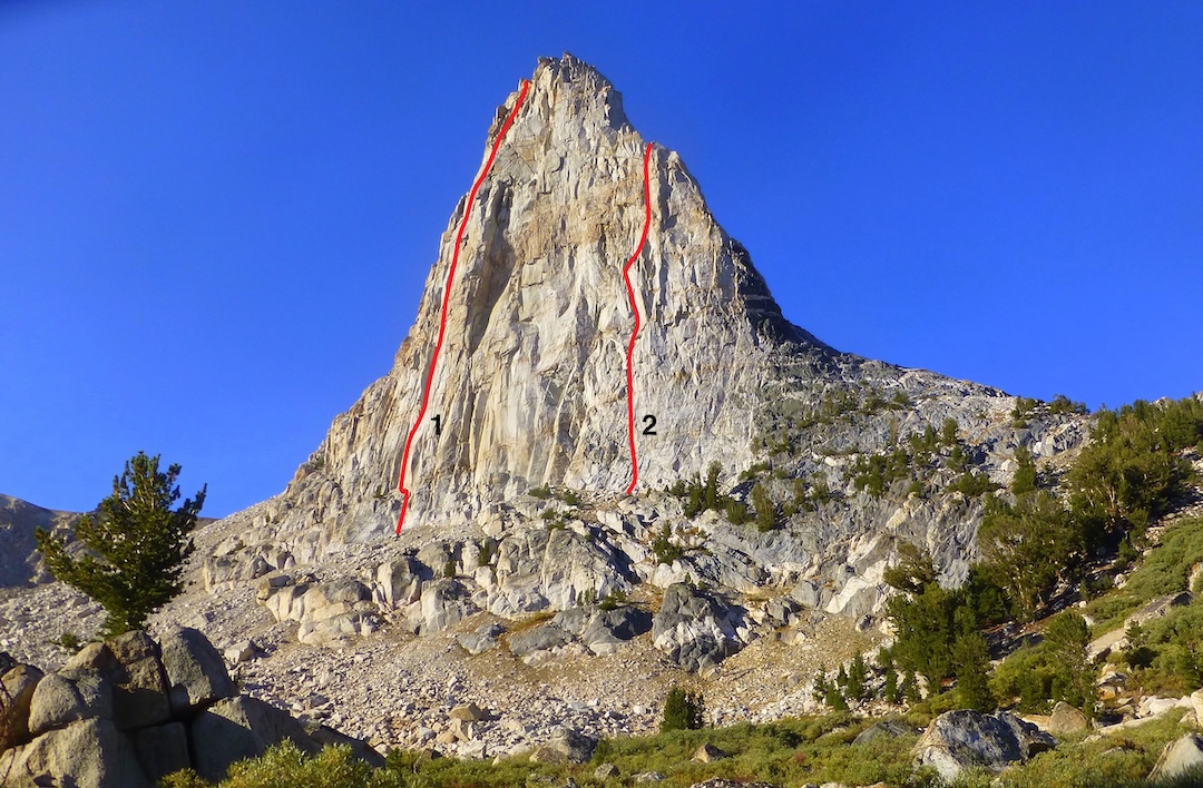 The east face of Flatiron Butte, showing (1) Endemic Species (9 pitches, 5.11+) and (2) Phase Change (7 pitches, 5.11). Many previous routes on the face are not shown. 