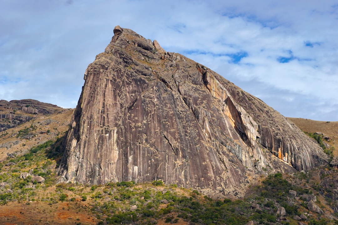 The Chameleon Wall, named for the rocks at the top resembling a chameleon (head left, tail right) lounging in the sun. 