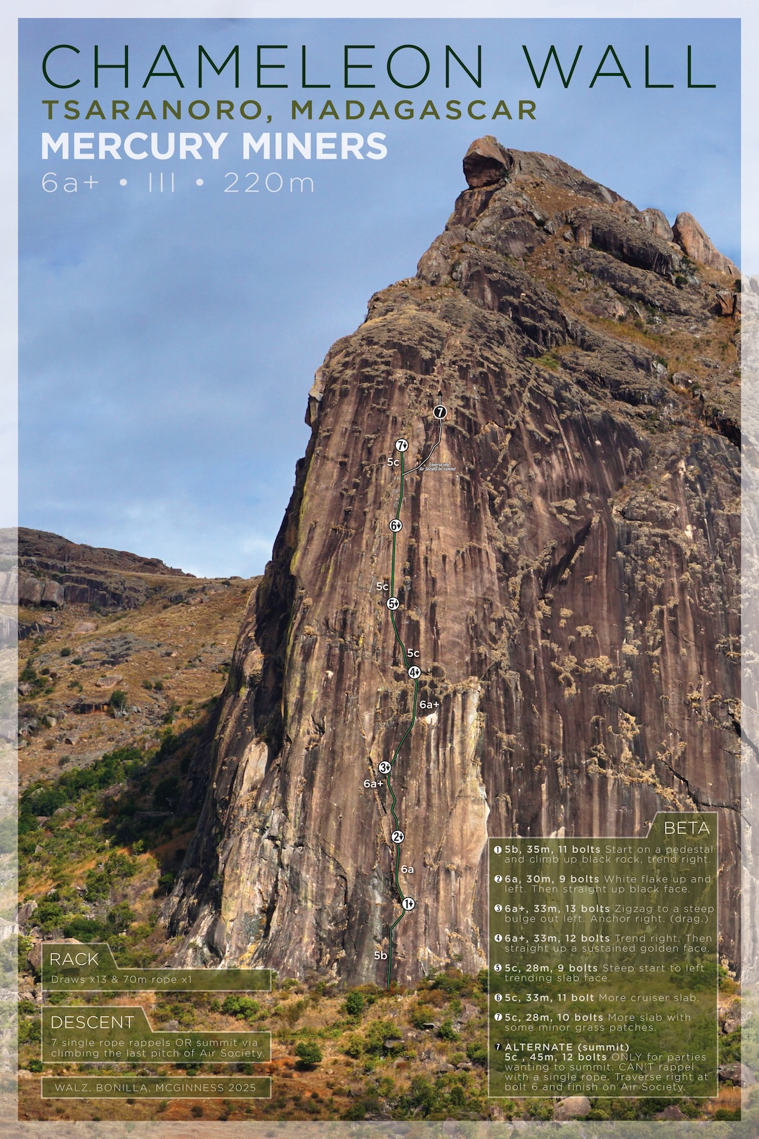 Mercury Miners (220m, 6a+), a new route on the Chameleon Wall in Madagascar’s Tsaranoro Massif. The route can be rappelled from the top of the last pitch or climbers can move right and finish on Chameleon Air Society (Botzon-Byrne, 2013) to reach the summit. 