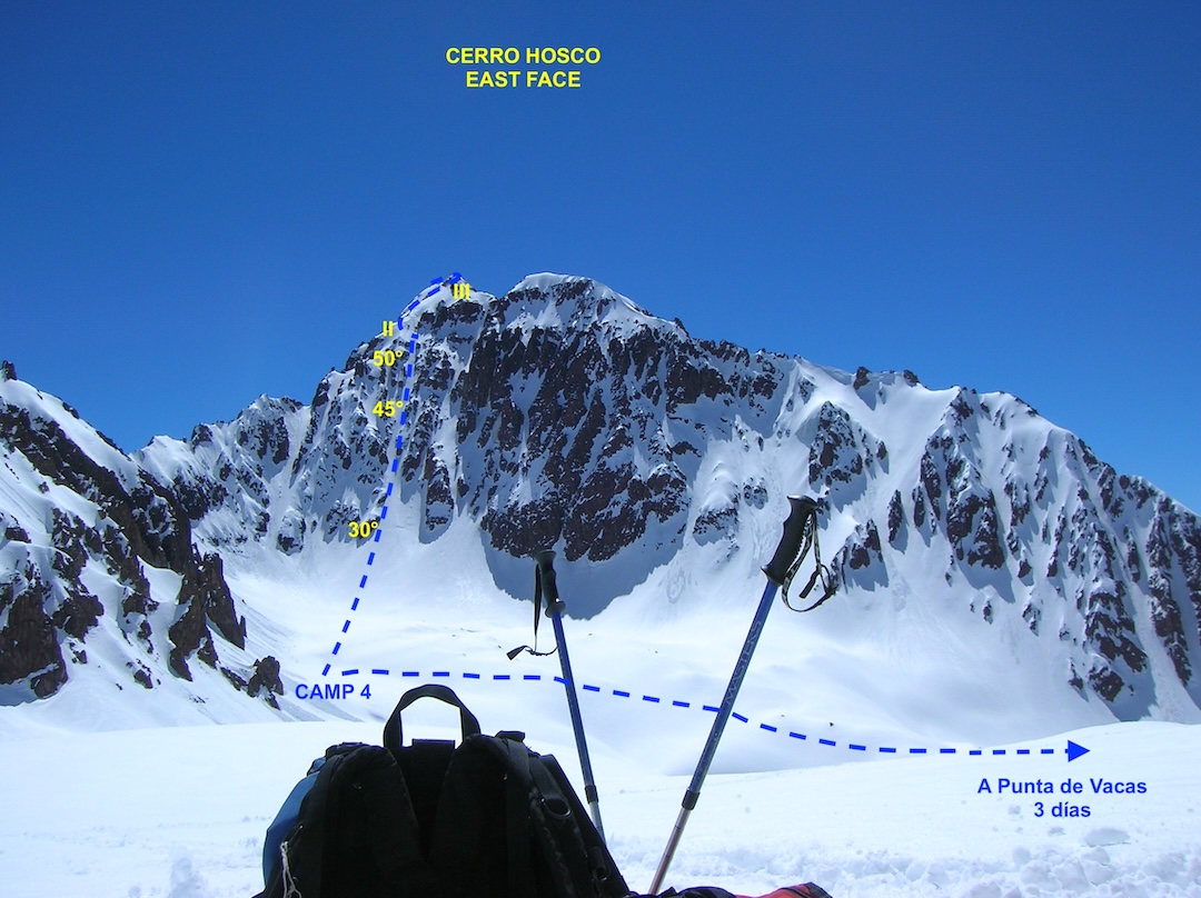 Cerro Hosco as seen in spring 2005, with the 2025 ascent route shown. The face and area were much drier during the ascent. 