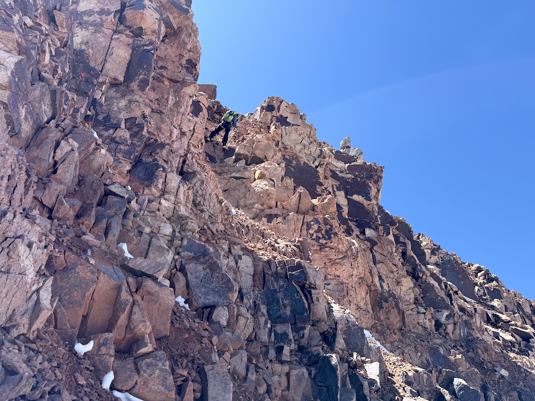 During the descent of the east face of Cerro Hosco, after the first ascent of the mountain.