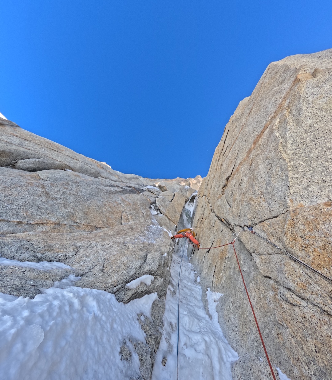 Seán Villanueva O’Driscoll on pitch eight of the East Pillar on Cerro Chaltén. Focused on free climbing, the climbers mostly wore their rock shoes, even on icy pitches.