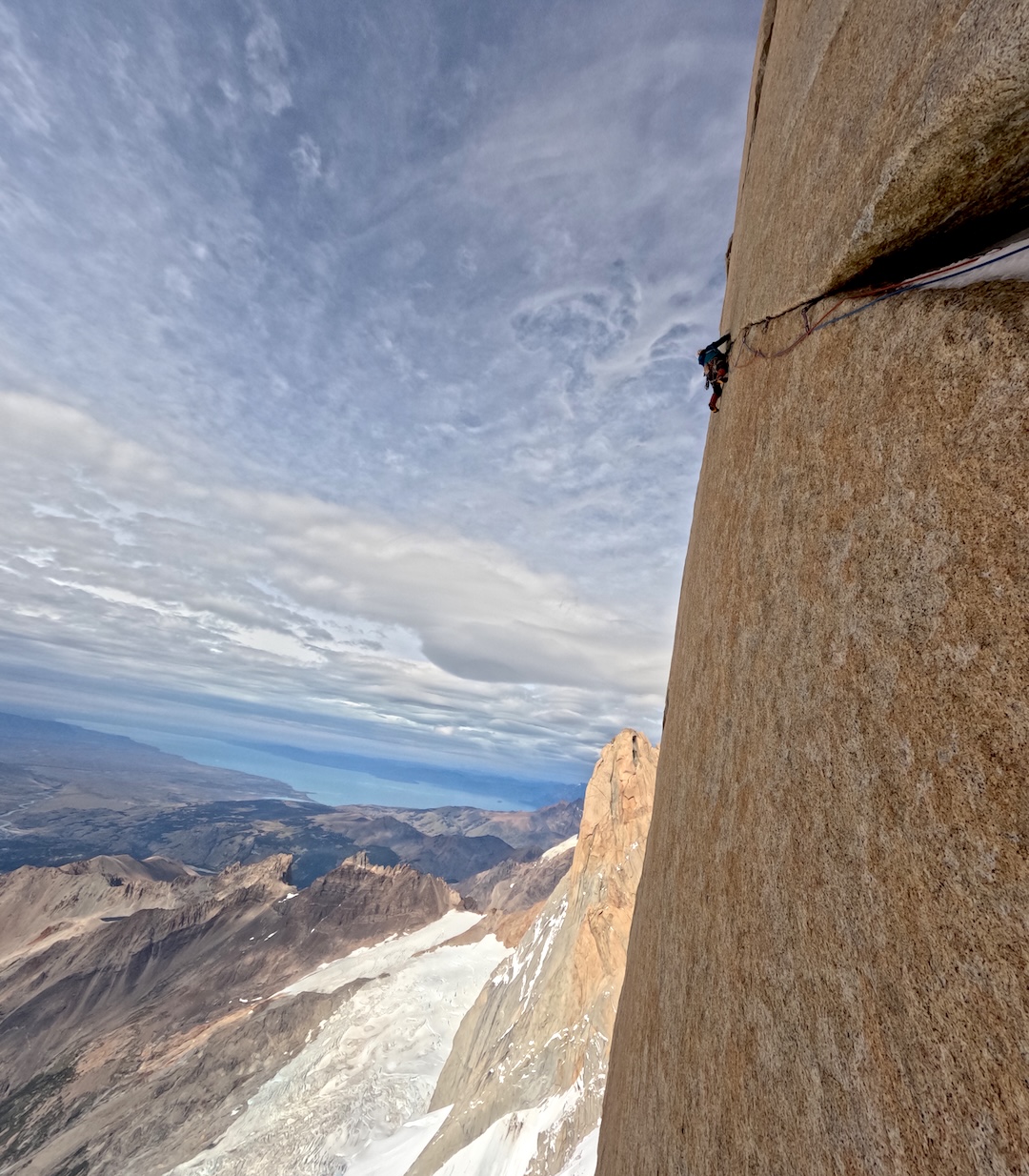 Seán Villanueva O'Driscoll completing the crux 7c pitch on the east pillar of Cerro Chaltén. 