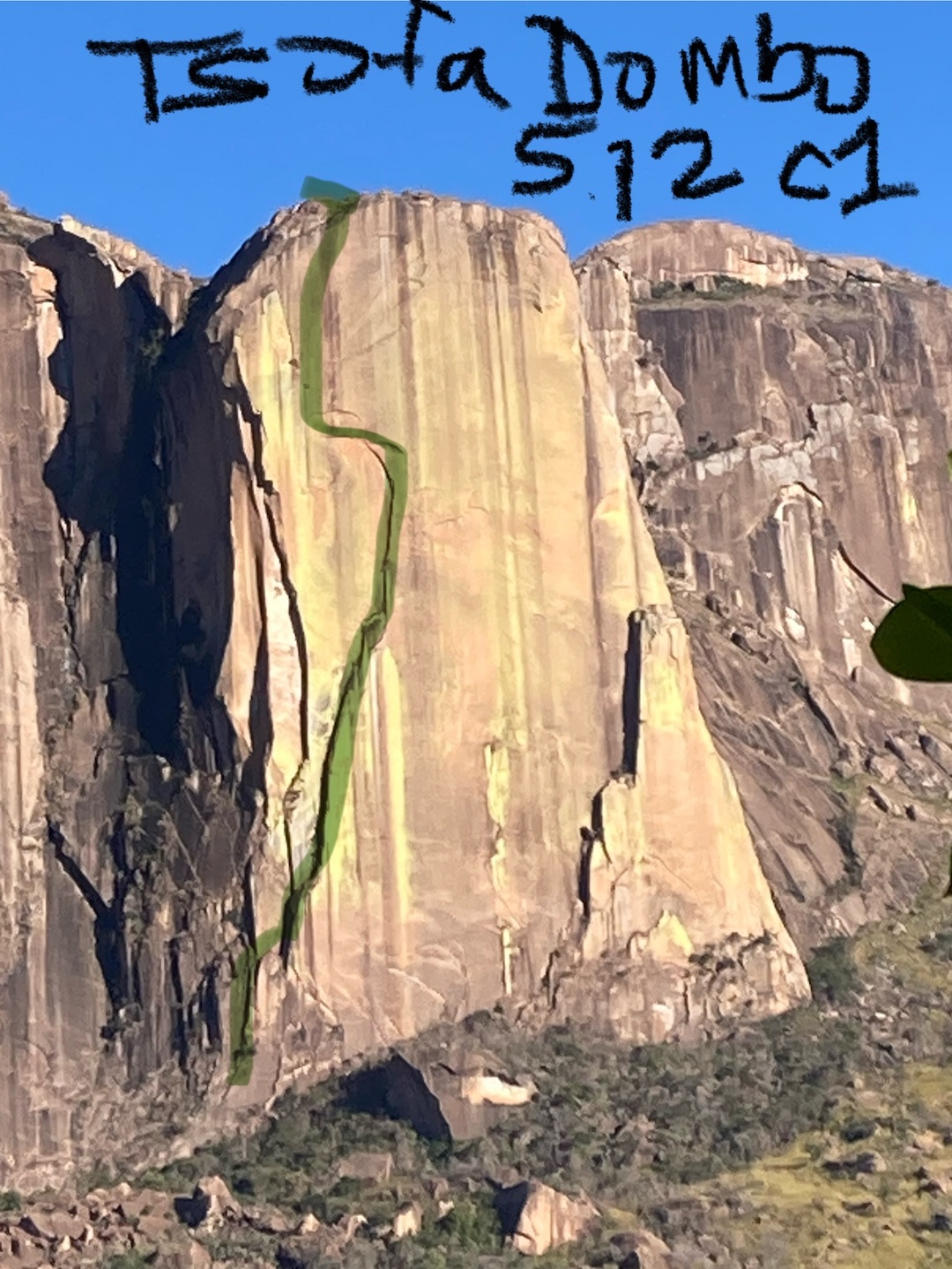 The 400-meter route Tsofa Dombo (7b C1) up Karambony, a formation in Madagascar’s Tsaranoro Valley.  