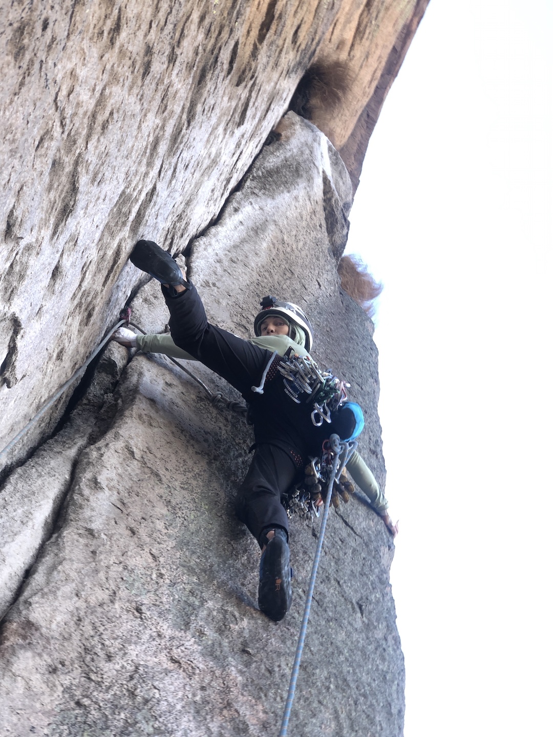 Lenore Sparks stems the seventh pitch (6c) of Tsofa Dombo (400m, 7b C1). 
