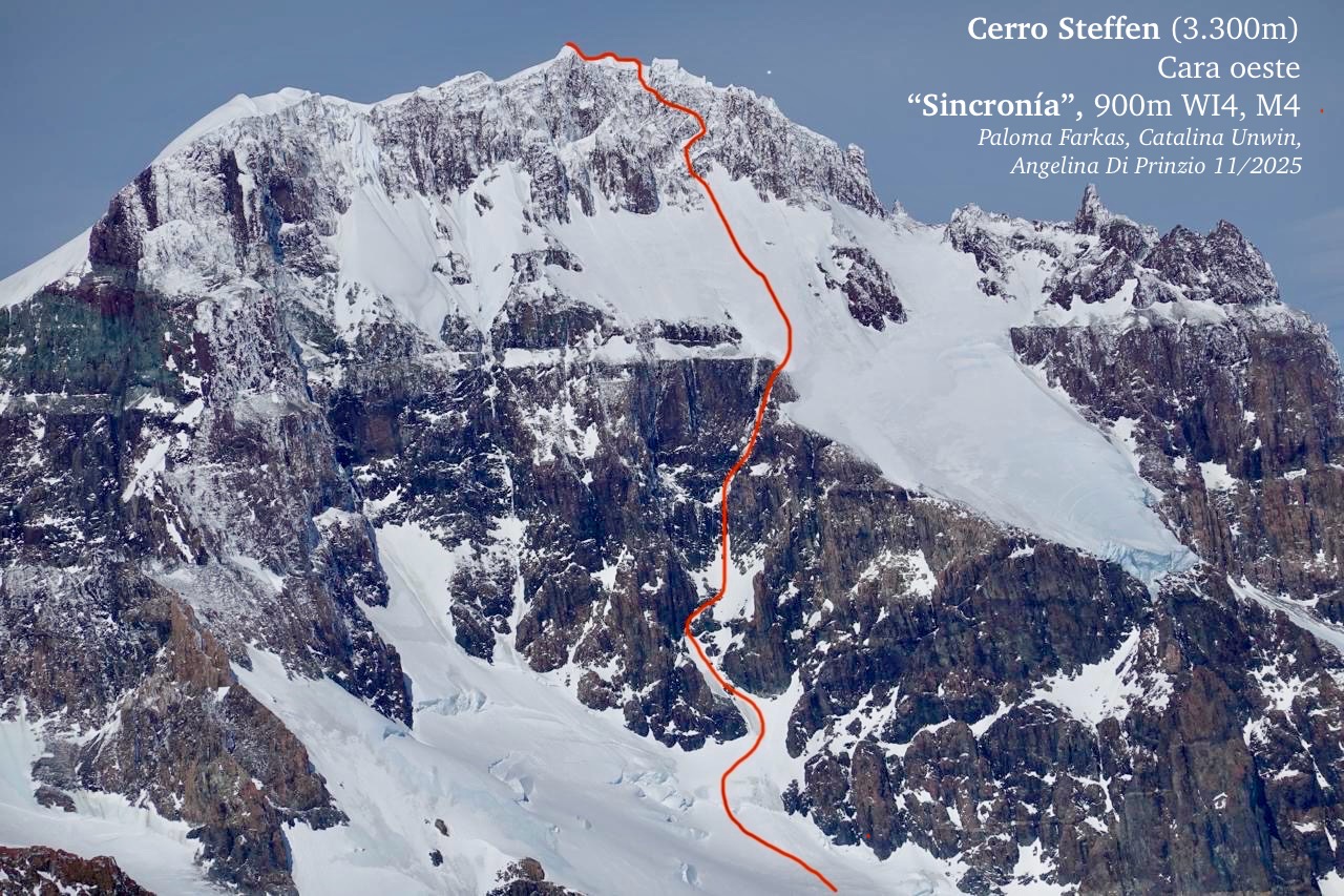 The line of Sincronía (900m, WI4 M4) on the west face of Cerro Steffen (3,300m). The first and only other ascent of the peak, in 1965, was by the northeast face. 