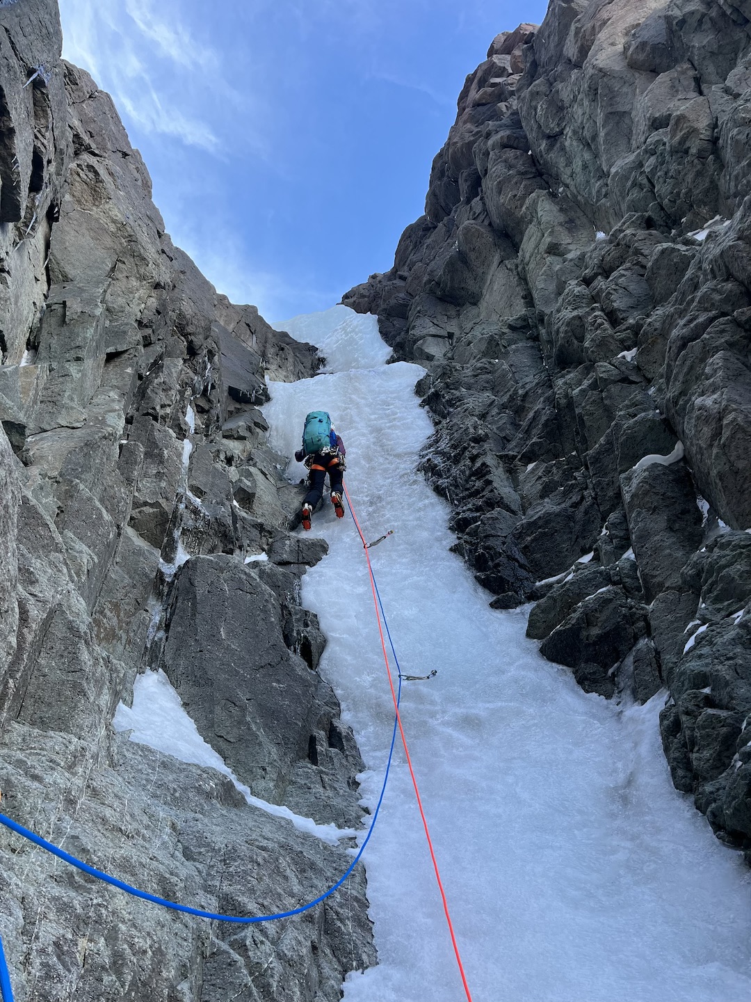 Paloma Farkas leading first ice pitches on the west face of Cerro Steffen. 