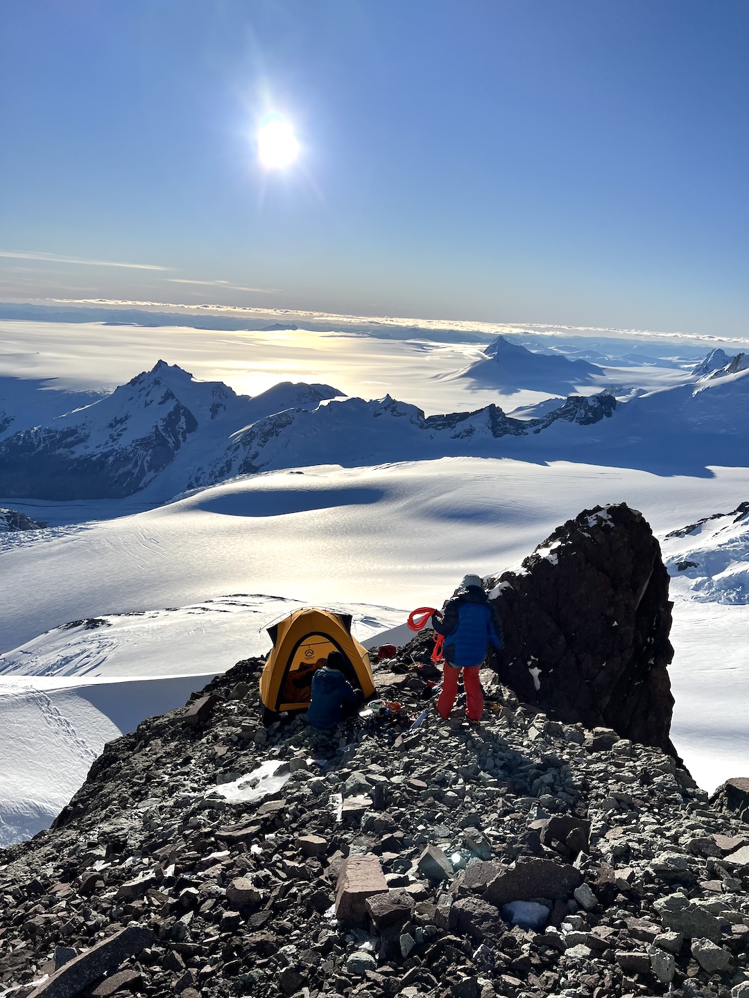 After 14 rappels, the team reached a small rock ramp where they could set up the tent and wait for colder temps in the morning and continue their descent. This was their first time removing boots and harnesses in 42 hours. 