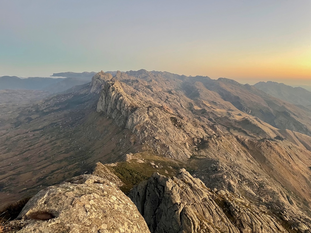 The Andringitra Massif and its eastern escarpment looking south from the summit of Pic Dondy. The peaks in the rear are in Andringitra National Park. 