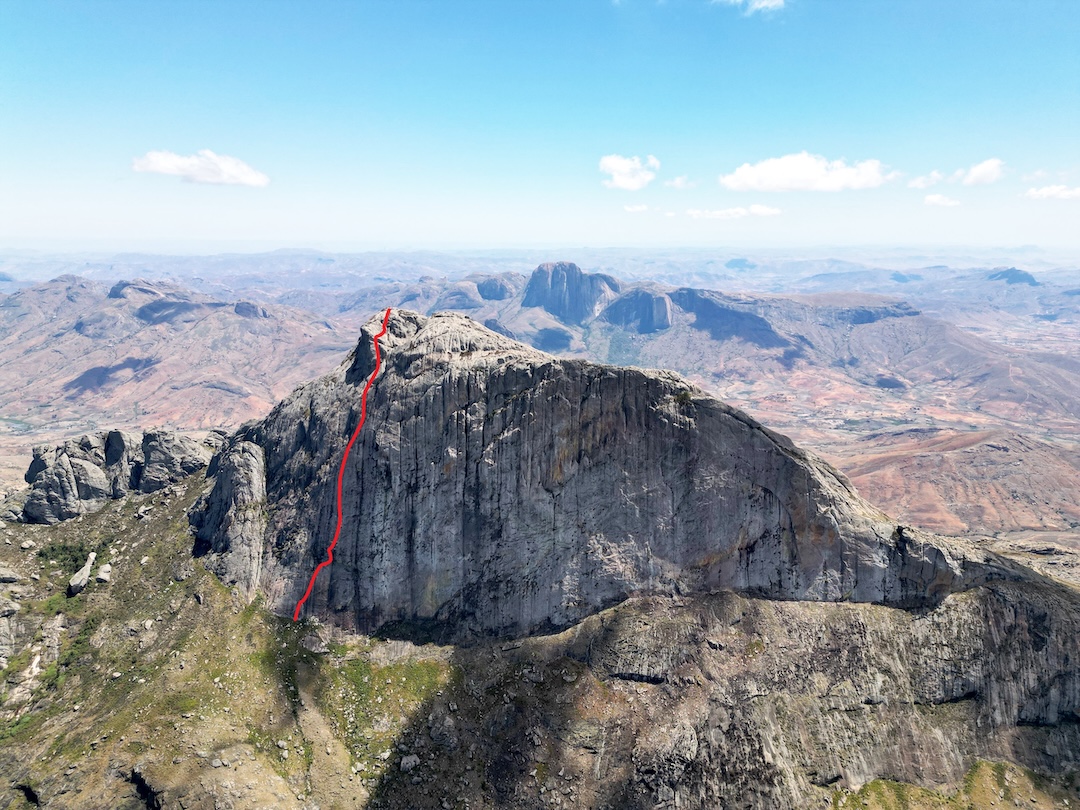 The 12-pitch line of Regicide, the first route up the east face of Pic Dondy in the Andringitra Massif. Six miles away in the background are the well-traveled towers of the Tsaranoro Massif.