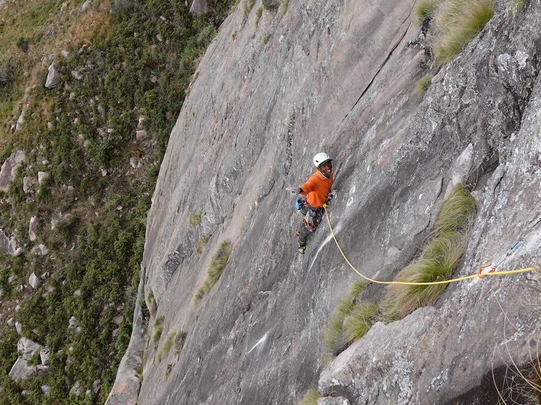 Faly Nomenjanahary follows pitch three of Regicide up a steep slab. 