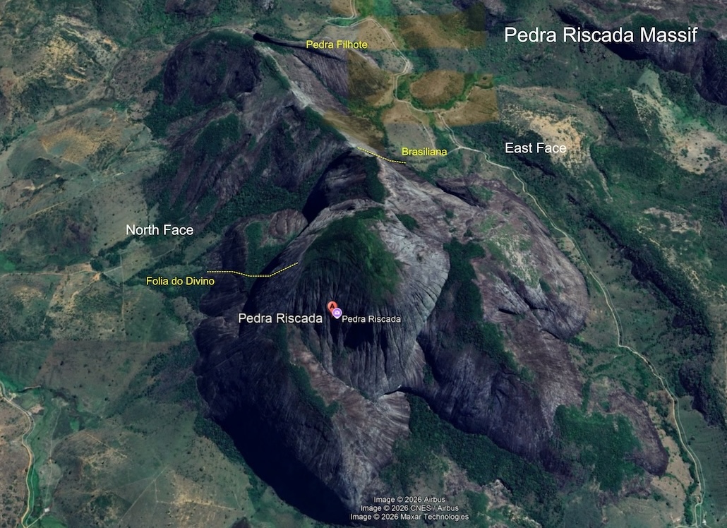 The Pedra Riscada massif seen from above, with the general locations of the two new routes in 2025: Folia do Dovino on the northwest face and Brasiliana on the east face.