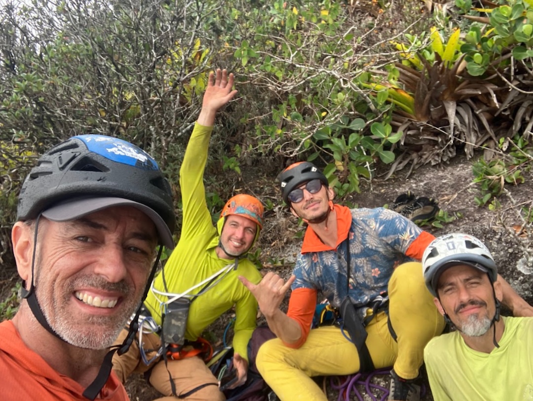 The team on the summit of Pedra Riscada, after finishing their new 1,200m route Folia do Dovino (7c+). From left to right, Valdesir Machado, Ed Padilha, Willian Lacerda, and Elcio Muliki. 