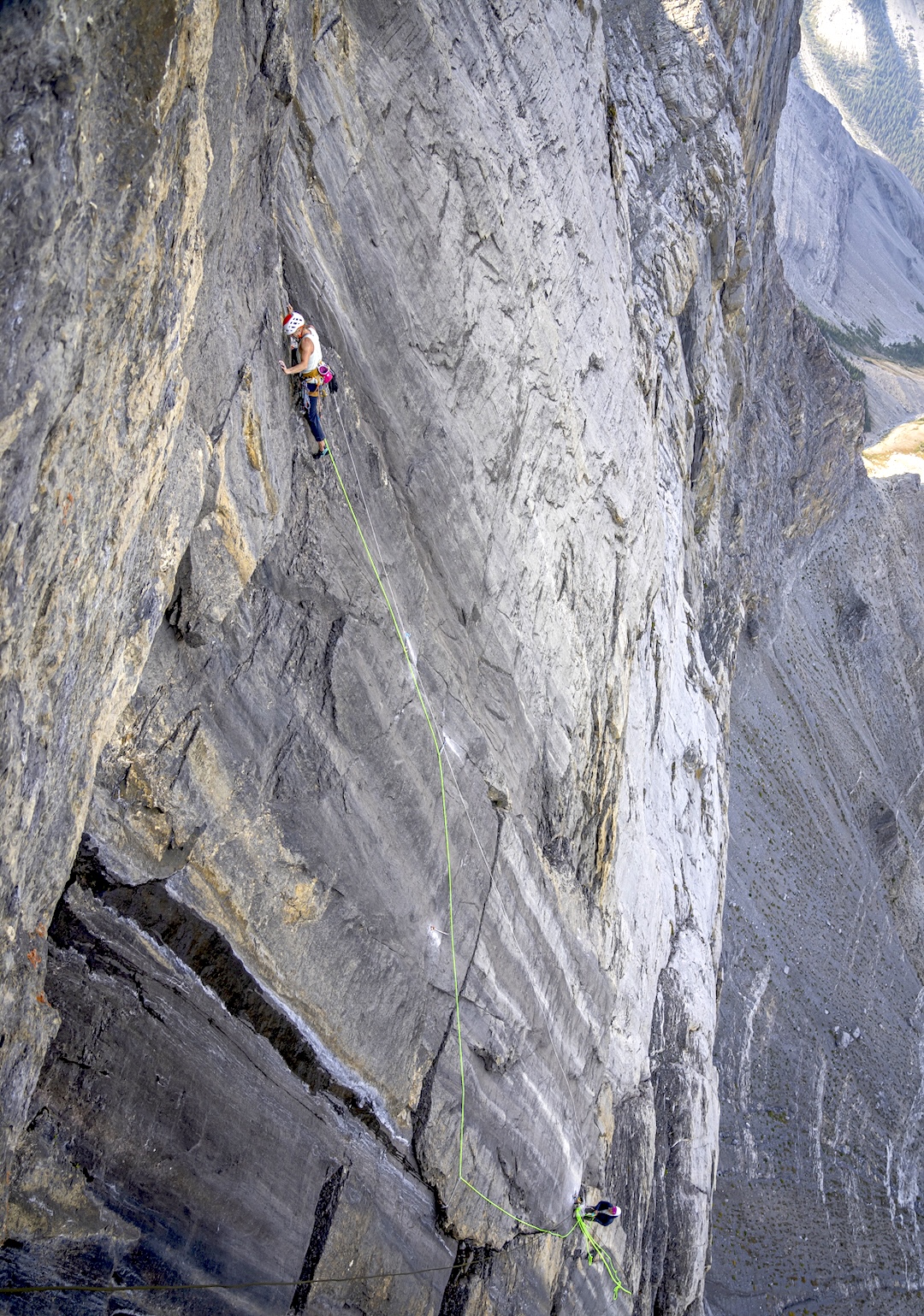 Sarah Hueniken climbing pitch ten during the first free ascent of On the Wings of Maybe (400m, 5.12+). 