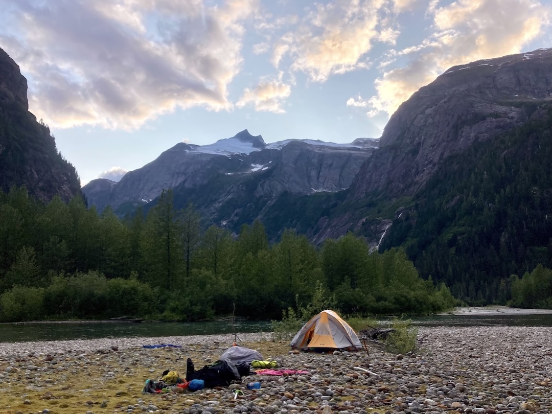 Gilt Peak as seen from the team’s base camp at the confluence of Gilttoyees Creek and a smaller tributary. 
