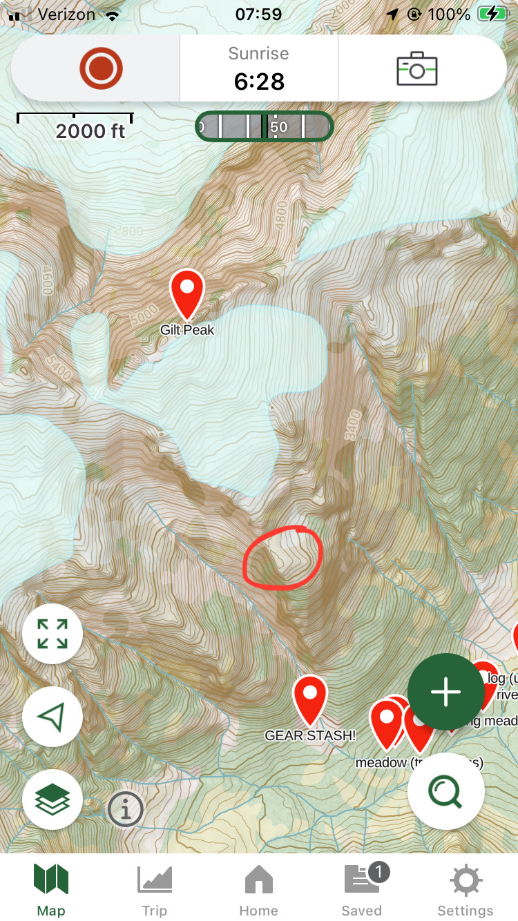 Map showing the team’s final approach to Gilt Peak and the location of Frodo’s Knob (circled) on the south-southeast side.