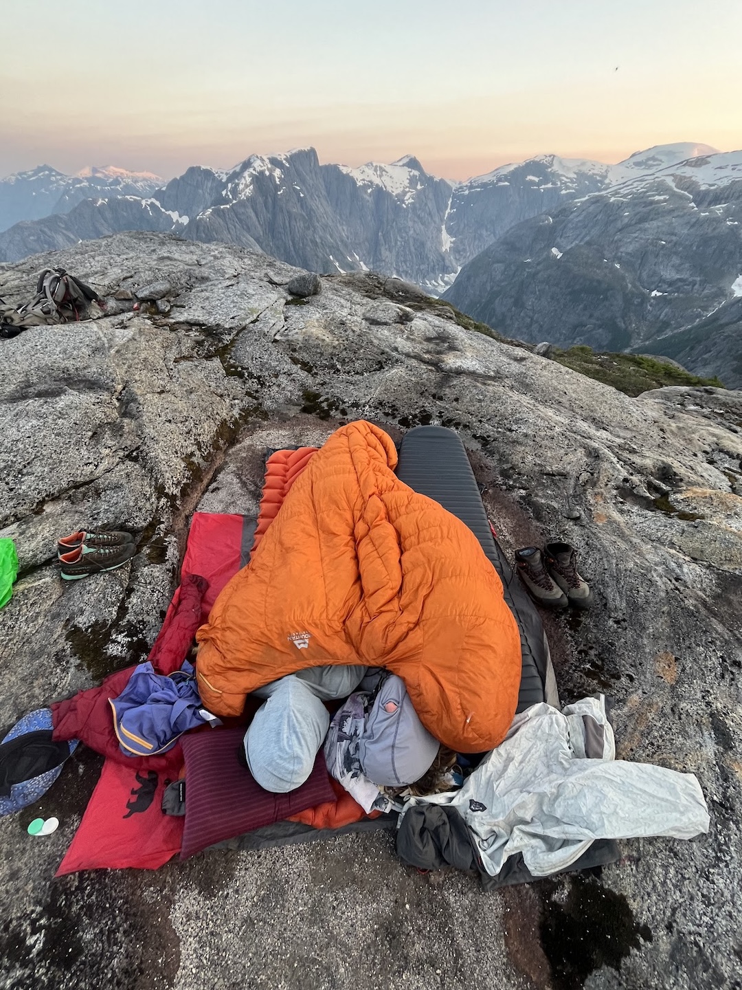 Anna Feldman and Wiley Holbrooke at the bivy on Frodo’s Knob, attempting to thwart the bugs with backward sun hoodies.