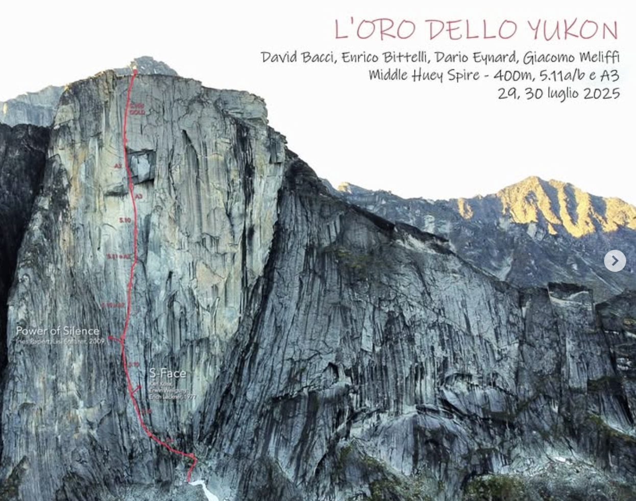 Overview of the new route L’oro dello Yukon (400m, 5.11 A3) on the south face of Middle Huey Spire. 