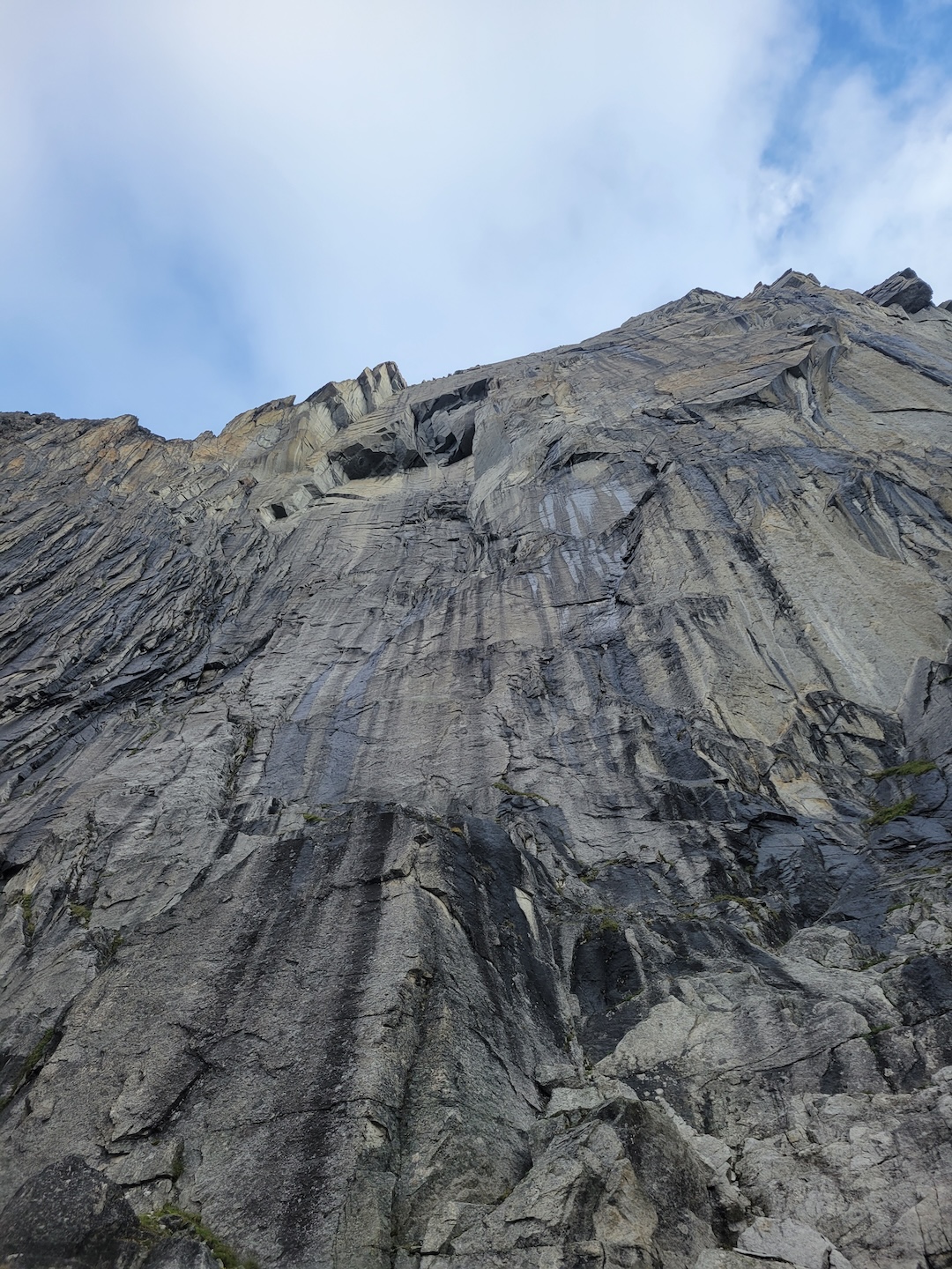 Looking up Middle Huey Spire in wet conditions. 