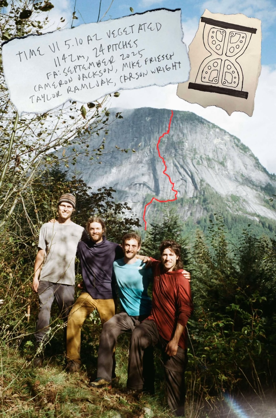 From left to right: Carson Wright, Mike Friesen, Cameron Jackson, Taylor Ramljak. Red Alert Wall seen in the background, with the route line of Time shown in red. 