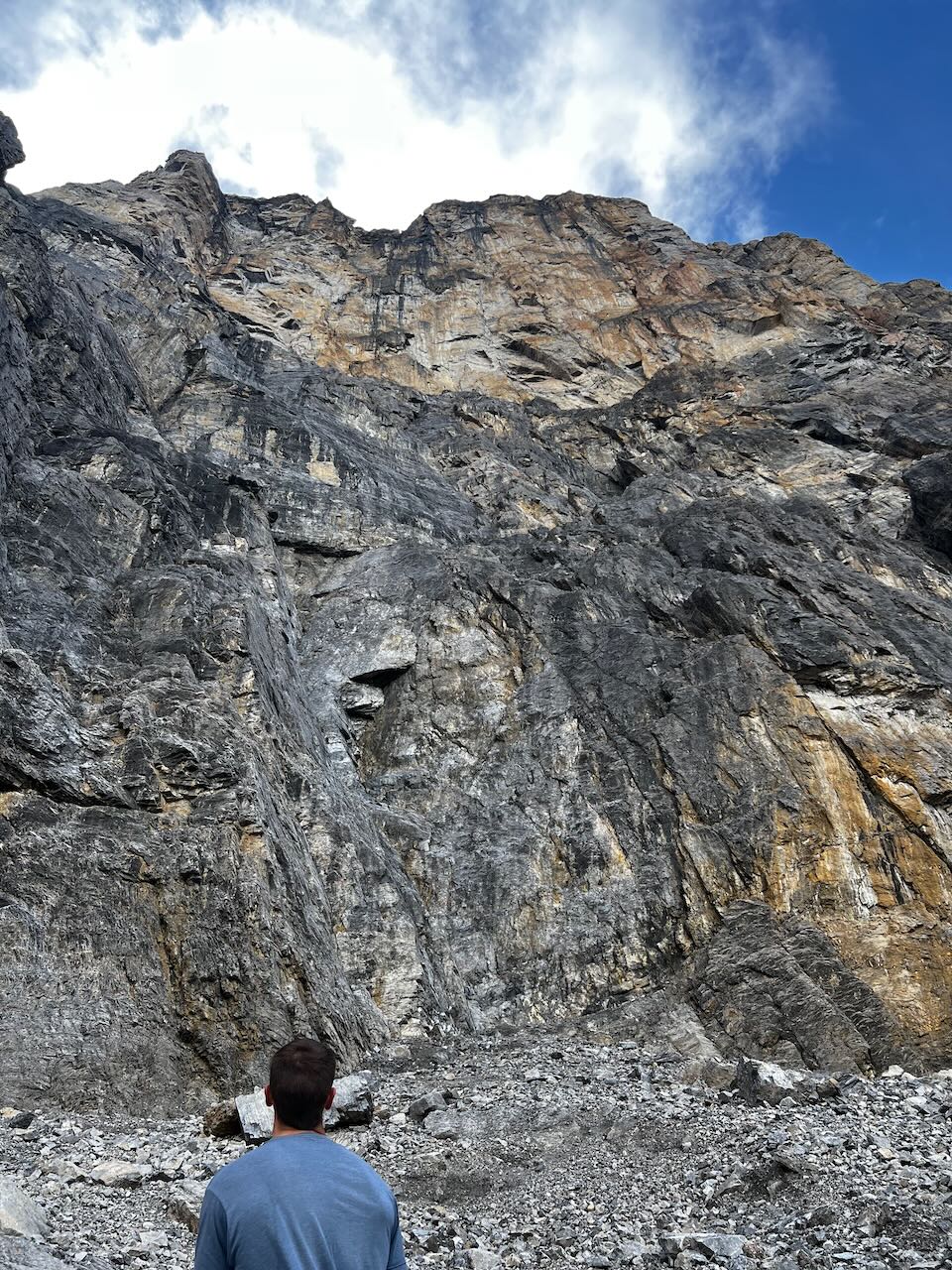 Gavin McNamara deciding on where to go for pitch one on the northwest headwall of Castle Mountain. “Often, there is an inverse relationship between chossiness and difficulty.” 
