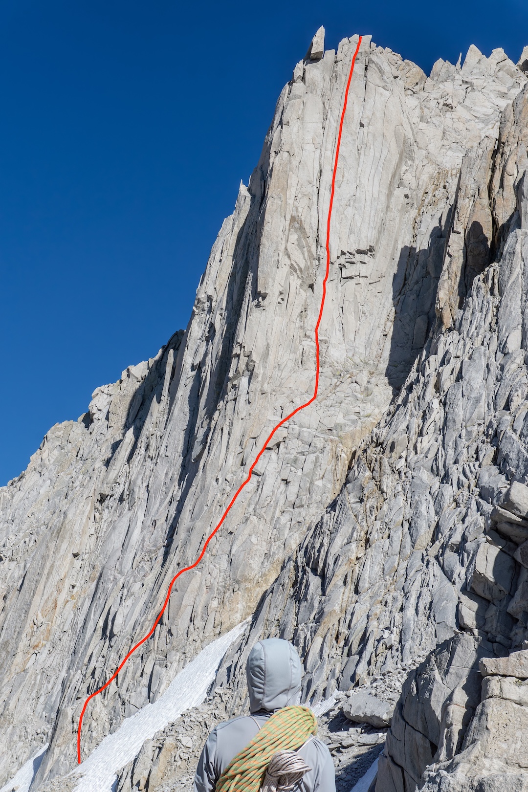 Dr. Bear Love on the north buttress of Merriam Peak. The right-leaning bottom half of the route line shares some terrain with the beginning of Gargoyle (5.11b, Croft-Rands, 2011); according to the climbers, this is the best way to access Dr. Bear Love. Other routes are not shown. 