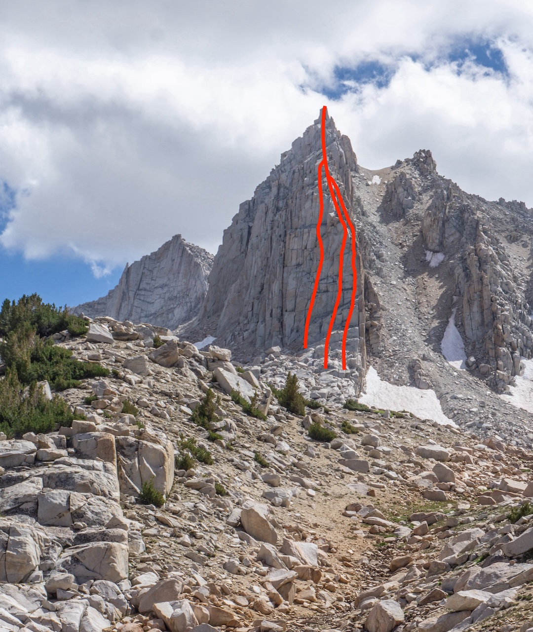 Golden Trout Spire. Left to right: Fish Pics (700’, 5.10), established by Japhy Dhungana and Zach Lovell in 2025; Dry Flyin', the first formation up the spire, established by Lovell, Mike Hathorn, and Dan Wolfskill in 2024; and First Cast (700’, 5.9), established by Dhungana and Lovell in 2025. 