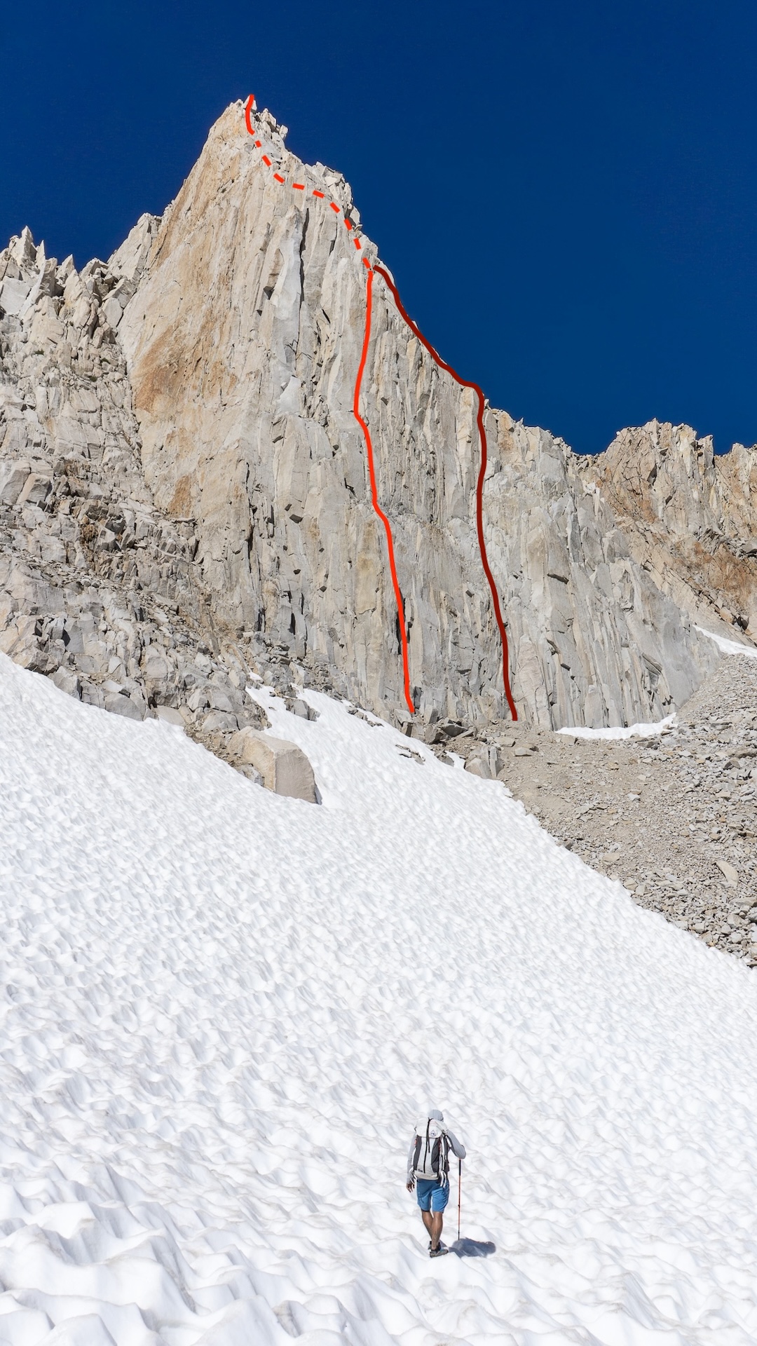 Fish Tail Spire in the Granite Park area, showing the two 2025 routes. On the left is Fish You Were Here (600’, 5.12a), and on the right is Careful What You Fish For (600’, 5.11a). 