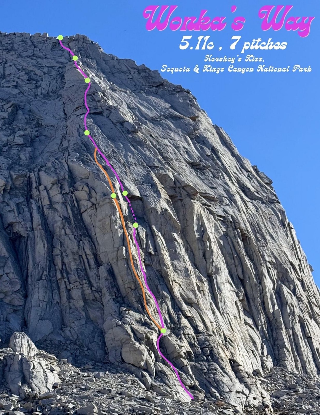 Wonka’s Way (7 pitches, 5.11c) on Hershey’s Kiss. The orange line is a 5.10c variation.