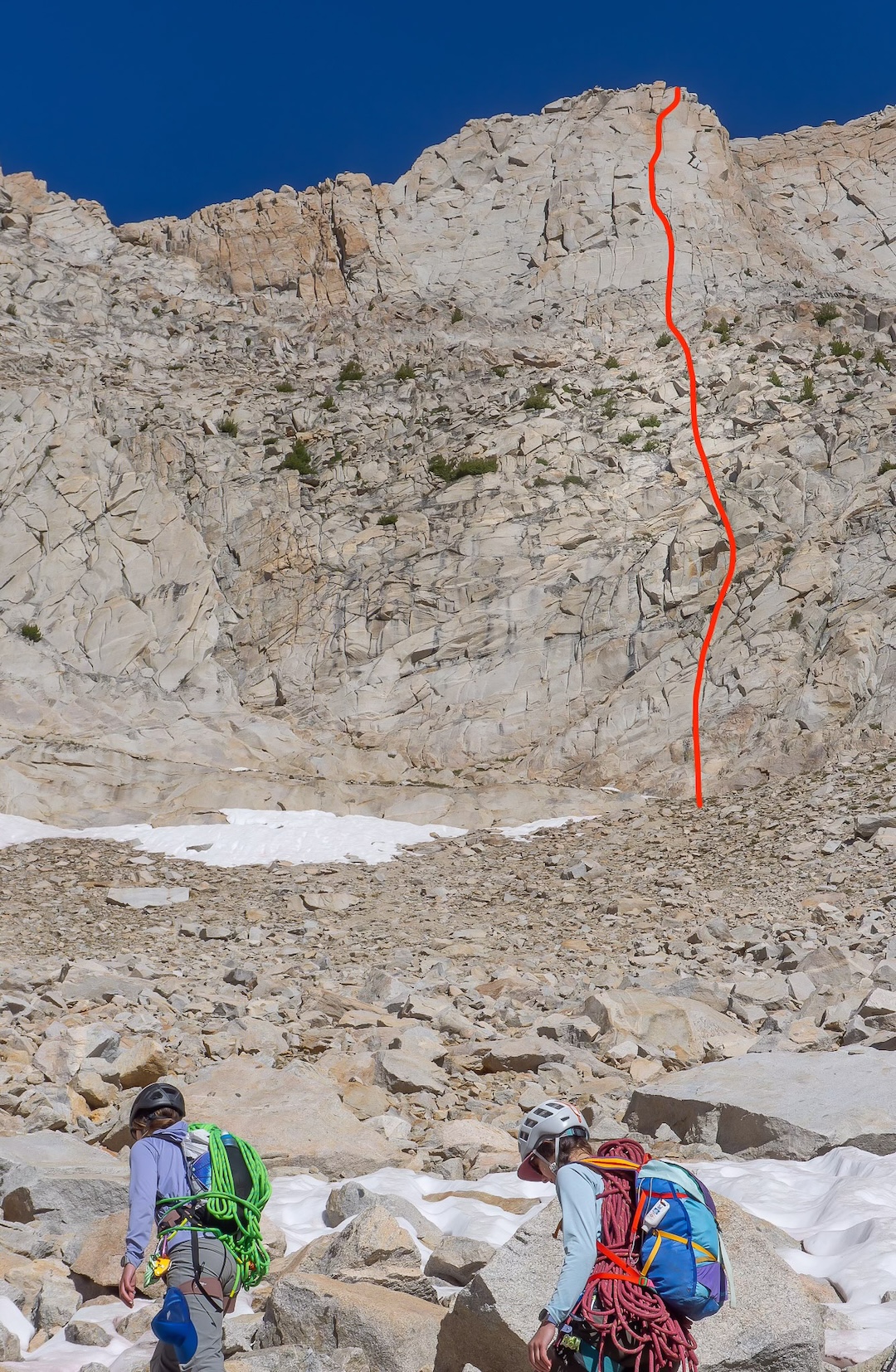 Shits and Glitters (800’, 7 pitches, 5.10a), on the southeast face of Four Gables, Eastern Sierra, California. The summit of Four Gables is just out of frame in the upper right-hand corner. 