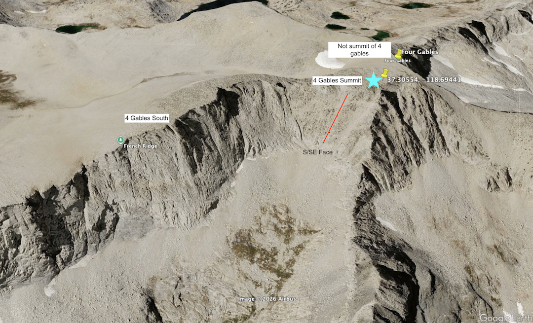 Google Earth image showing the location of the new route Shits and Glitters, on the southeast face of Four Gables, in relation to the better-known point known as Four Gables South. 
