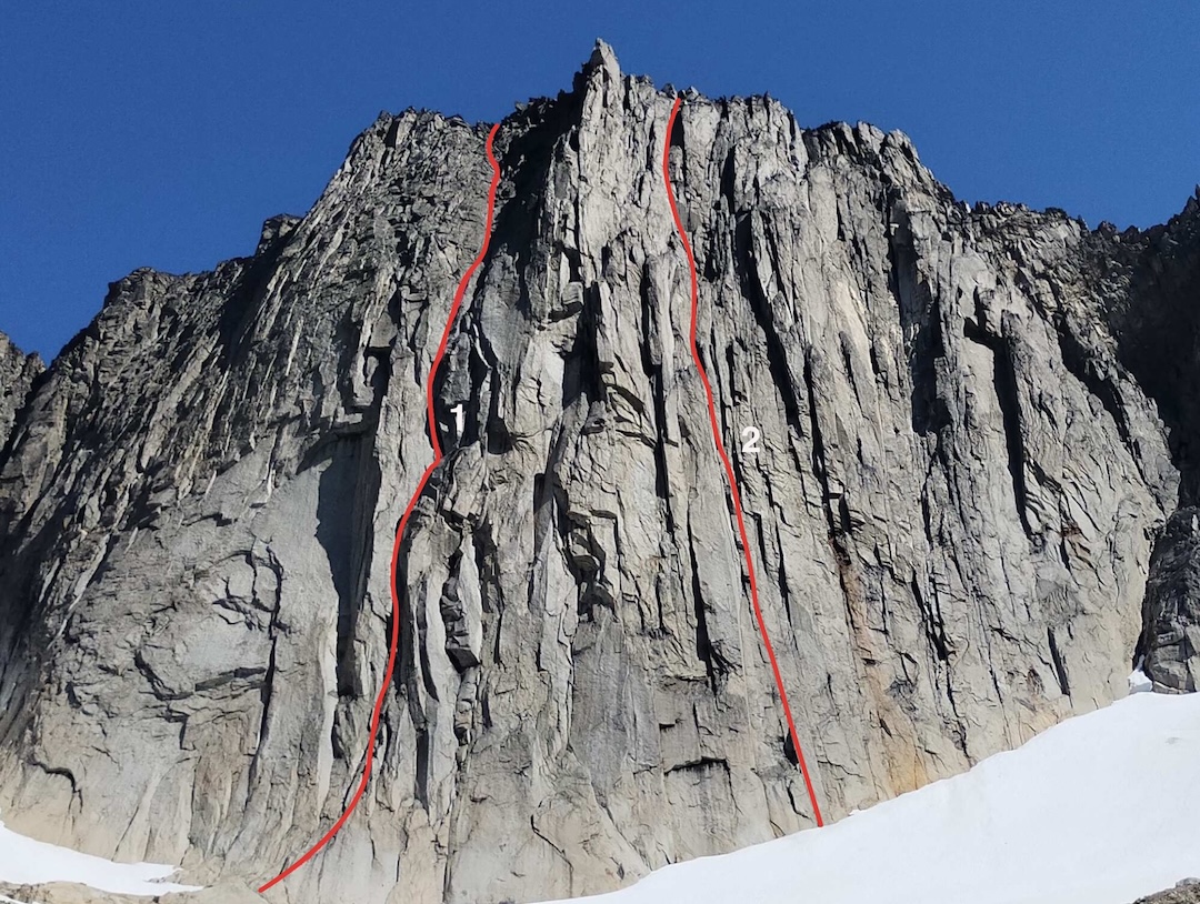 The southwest face of Glacier Peak with (1) La 4eme Dimension (2022) and (2) Le Sang du Cri (2025). Both routes have about 500 meters of climbing. 